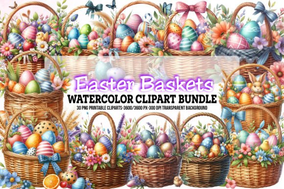 Download Watercolor Easter Baskets Clipart Bundle - Easter baskets Collection