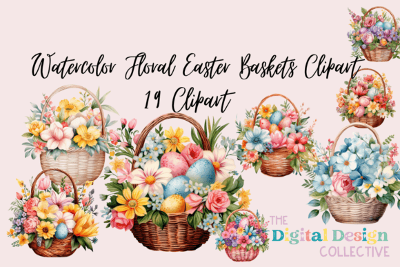 Download Watercolor Floral Easter Baskets Clipart - Easter baskets Collection
