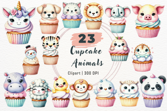 Download Watercolour Cute Cupcake Animals Clipart - Premium Bundle