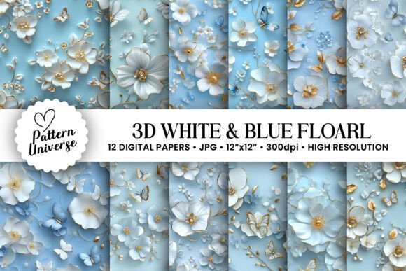Download 3D White and Blue Floral Pattern - Blue floral Collection